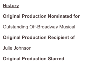 History
Original Production Nominated for
Outer Critics Circle Award
Outstanding Off-Broadway Musical
Original Production Recipient of
Theatre World Award
Julie Johnson
Original Production Starred J.K. Simmons